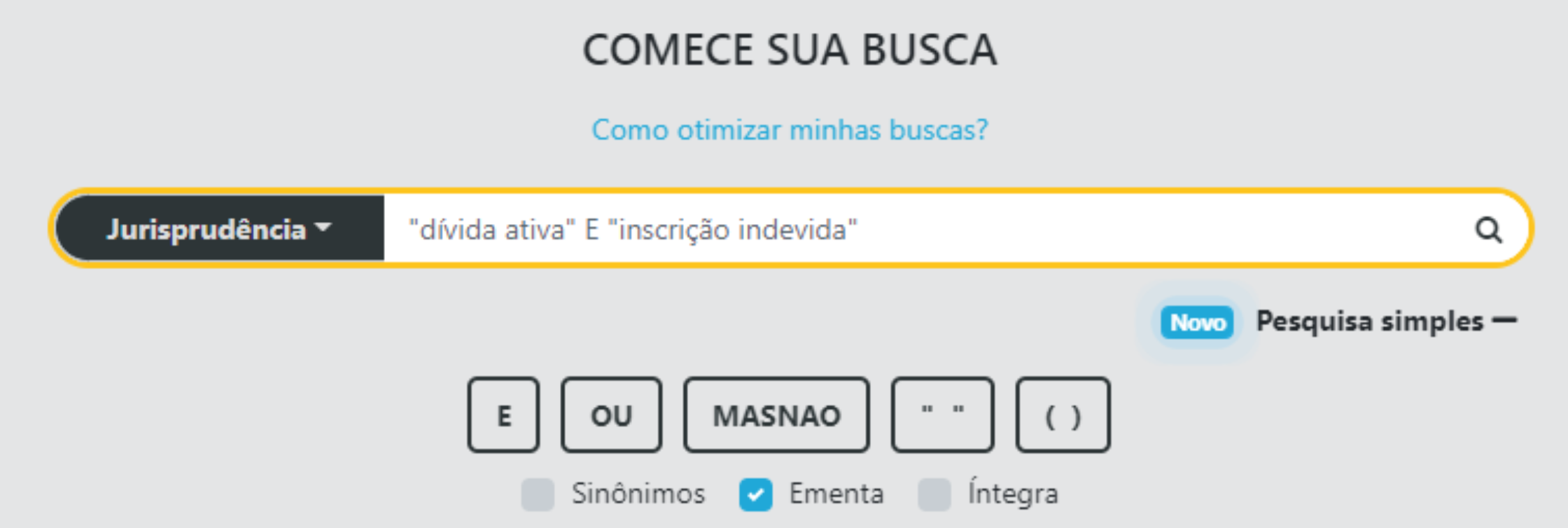 Barra de pesquisa livre da Juit com a busca pelos termos “dívida ativa” E “inscrição indevida”