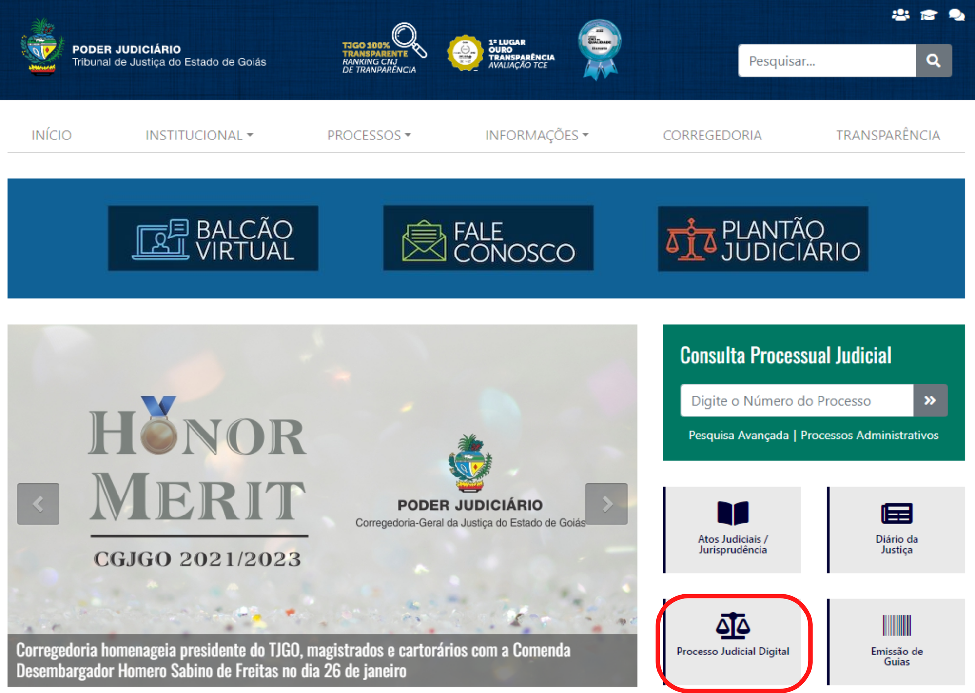 Tela inicial do site do TJGO com destaque para a opção de consulta de jurisprudência