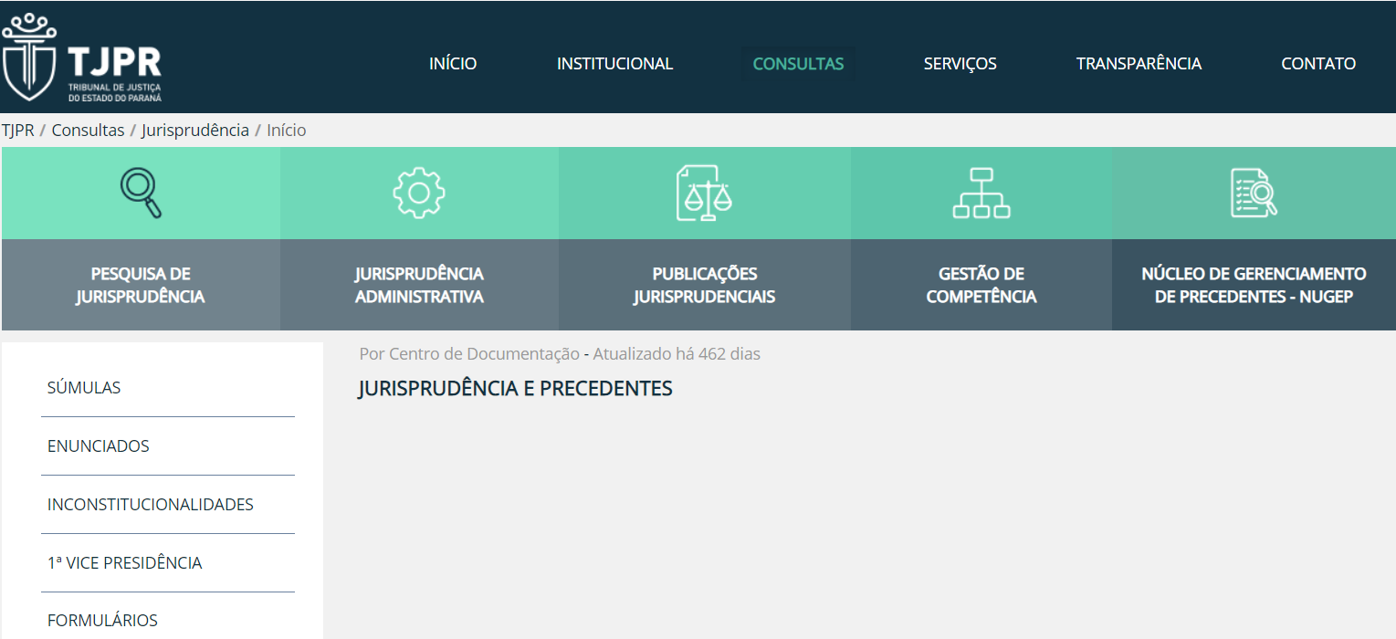 Página da consulta de jurisprudência do Tribunal de Justiça do Estado do Paraná (TJPR)